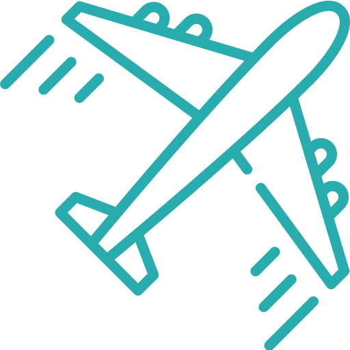 Outline of an airplane flying at an upward angle with speed lines behind its wings.