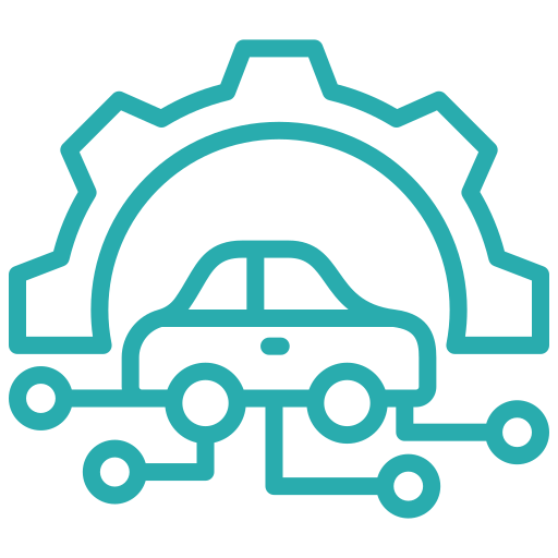 Icon of a car surrounded by a gear and connected circuit lines symbolizing autonomous vehicle technology.