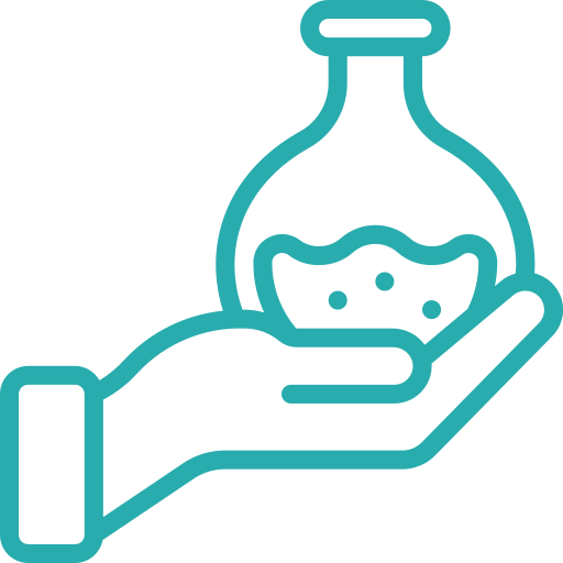 Icon of a hand holding a round flask with liquid and bubbles inside.