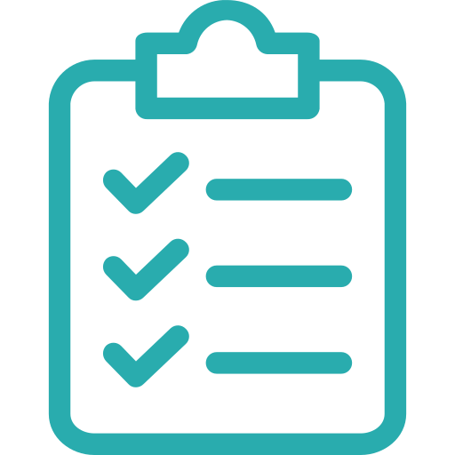 Teal clipboard icon with three checkmarks and lines representing a checklist.