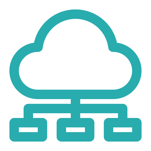 Icon of a cloud connected to three square nodes below representing cloud computing or network.