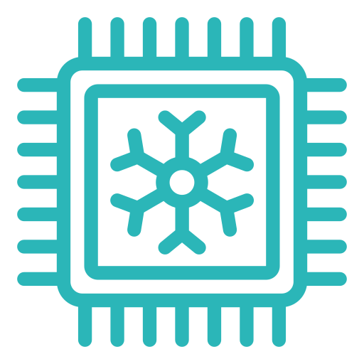 Icon of a microchip with a snowflake symbol in the center representing cooling or refrigeration.
