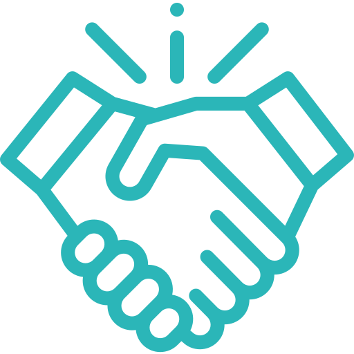 Blue outlined handshake icon with emphasis lines above hands.