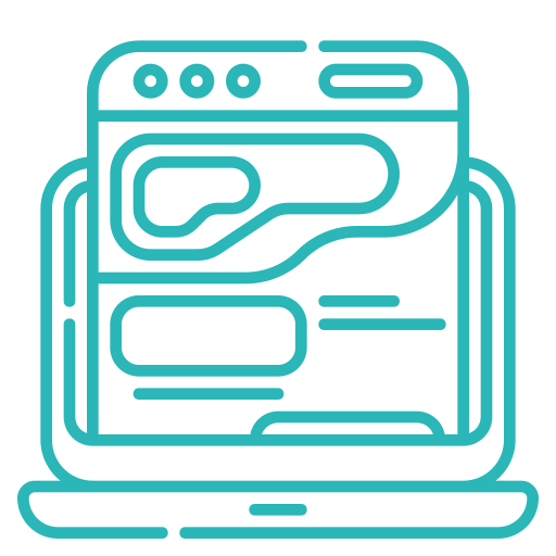 Line art icon of a laptop displaying a webpage with text blocks and a header.