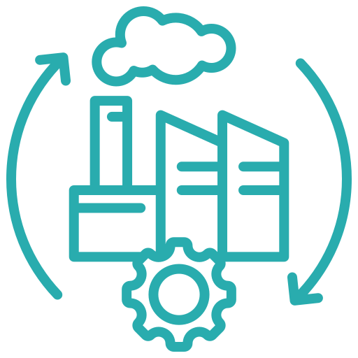 Icon of a factory with smoke, a gear below, and circular arrows indicating an industrial process cycle.