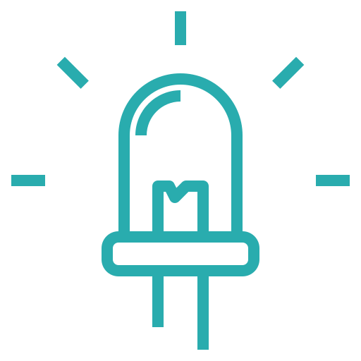 Icon of a glowing LED light diode with lines indicating it is lit.