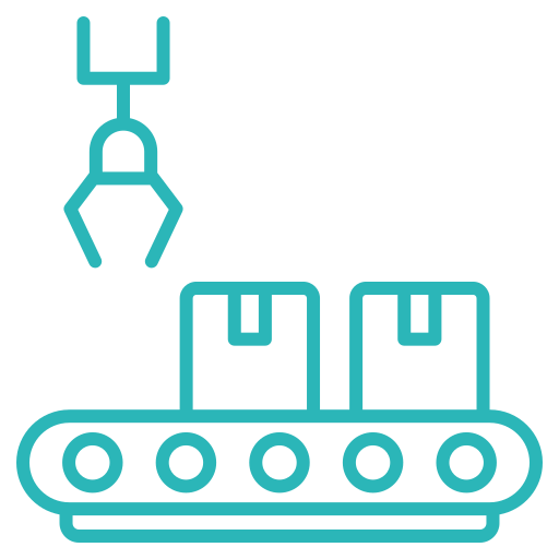 Icon of robotic arm placing boxes on a conveyor belt, symbolizing manufacturing or packaging.