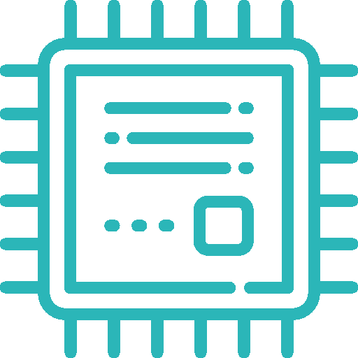 Simplified teal icon of a microchip with pins extending from all sides.