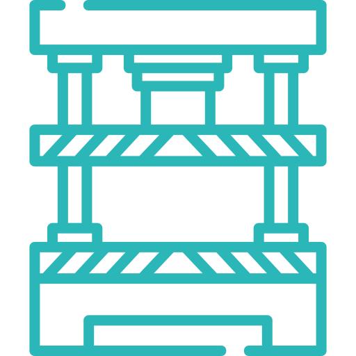 Icon of a mechanical press machine with a rectangular top and base connected by four vertical columns.