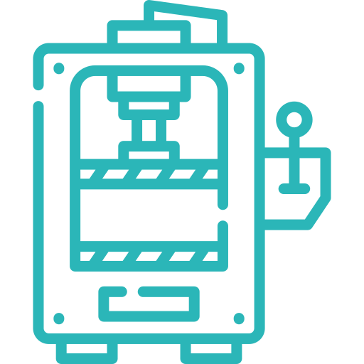 Icon of a hydraulic press machine with a lever on the right side in turquoise lines.