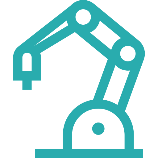 Simplified teal icon of a robotic arm with joints and a claw-like end effector.