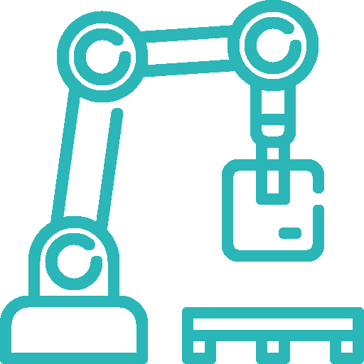 Simple teal line art of a robotic arm holding a square object over a conveyor belt.