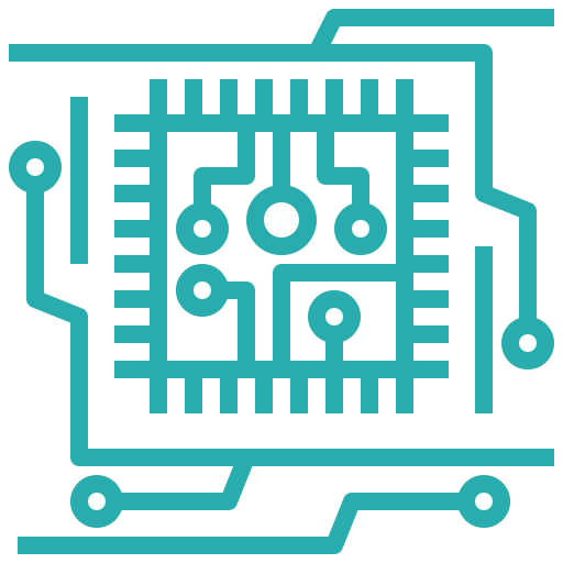 Abstract blue semiconductor chip icon with circuit lines extending outward.