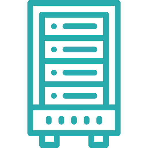 Icon of a server rack with four horizontal slots and five indicator lights below.