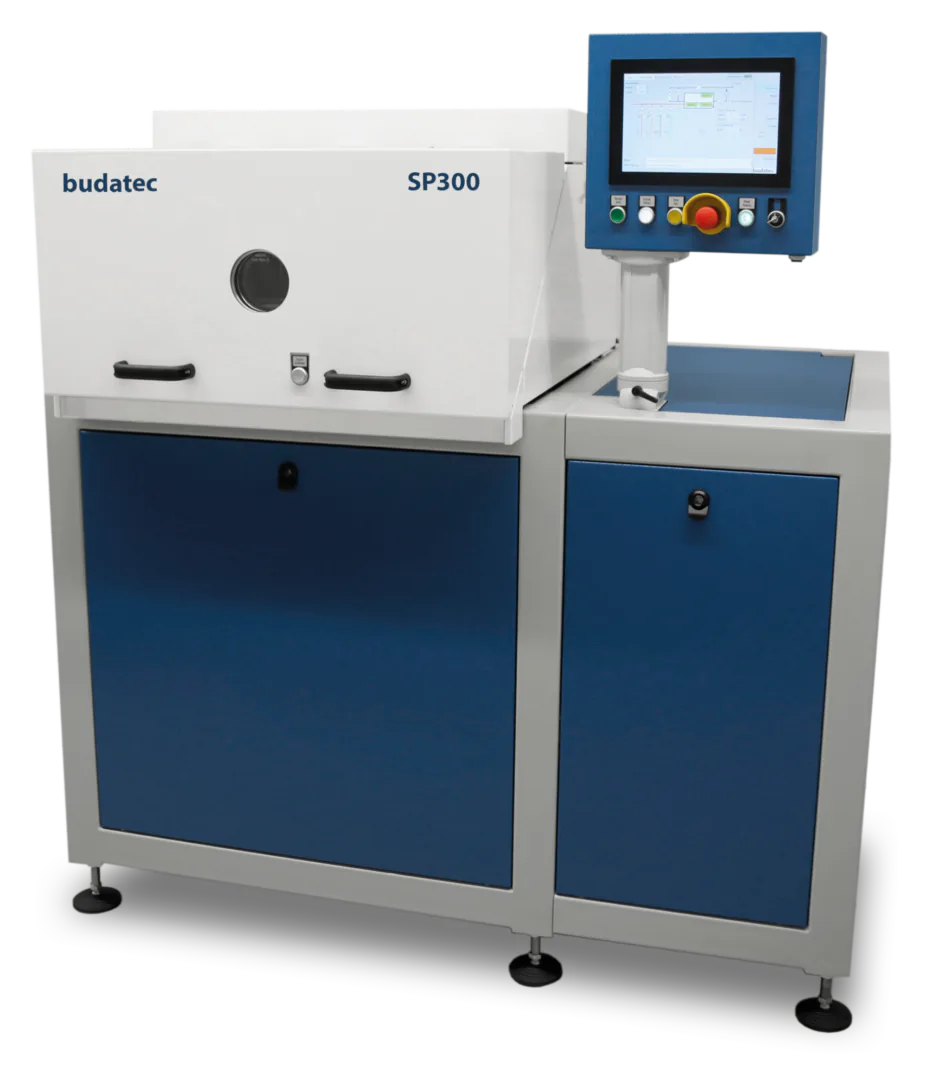 Budatec SP300 industrial machine with control panel and touchscreen display on the right side.