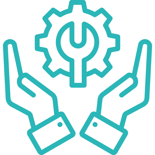 Outlined hands holding a gear with a wrench inside, symbolizing technical support or maintenance.