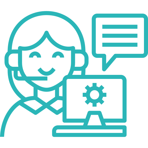 Line icon of a smiling customer support agent with headset, computer, and speech bubble.