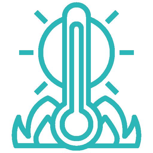Thermometer icon with sun and flames representing high temperature or heat.
