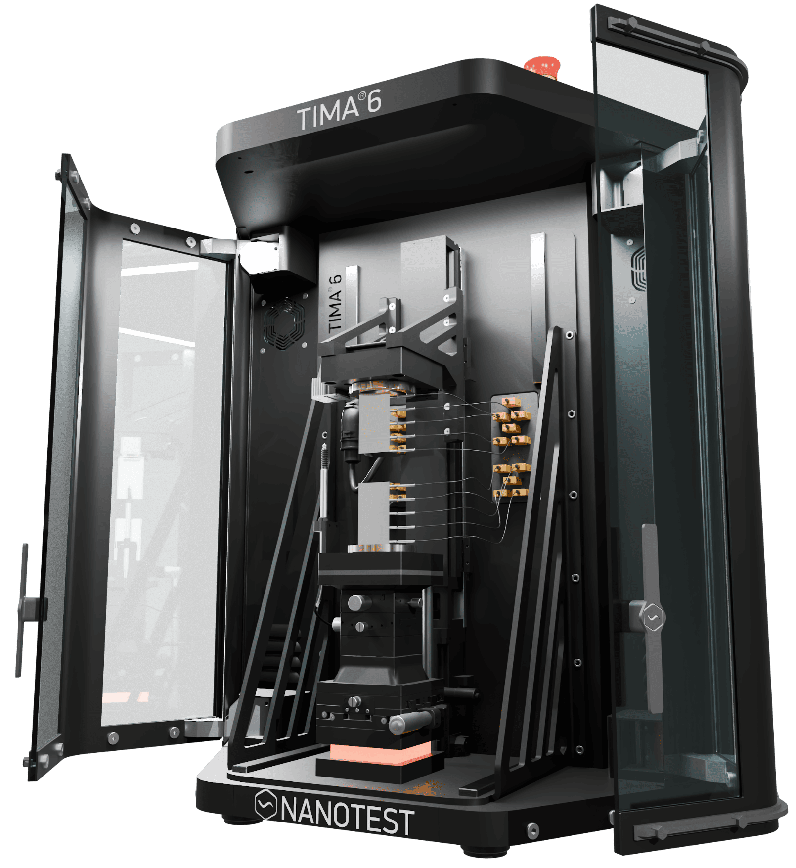 Open black NANOTEST TIMA 6 device with visible internal complex testing components and wiring.