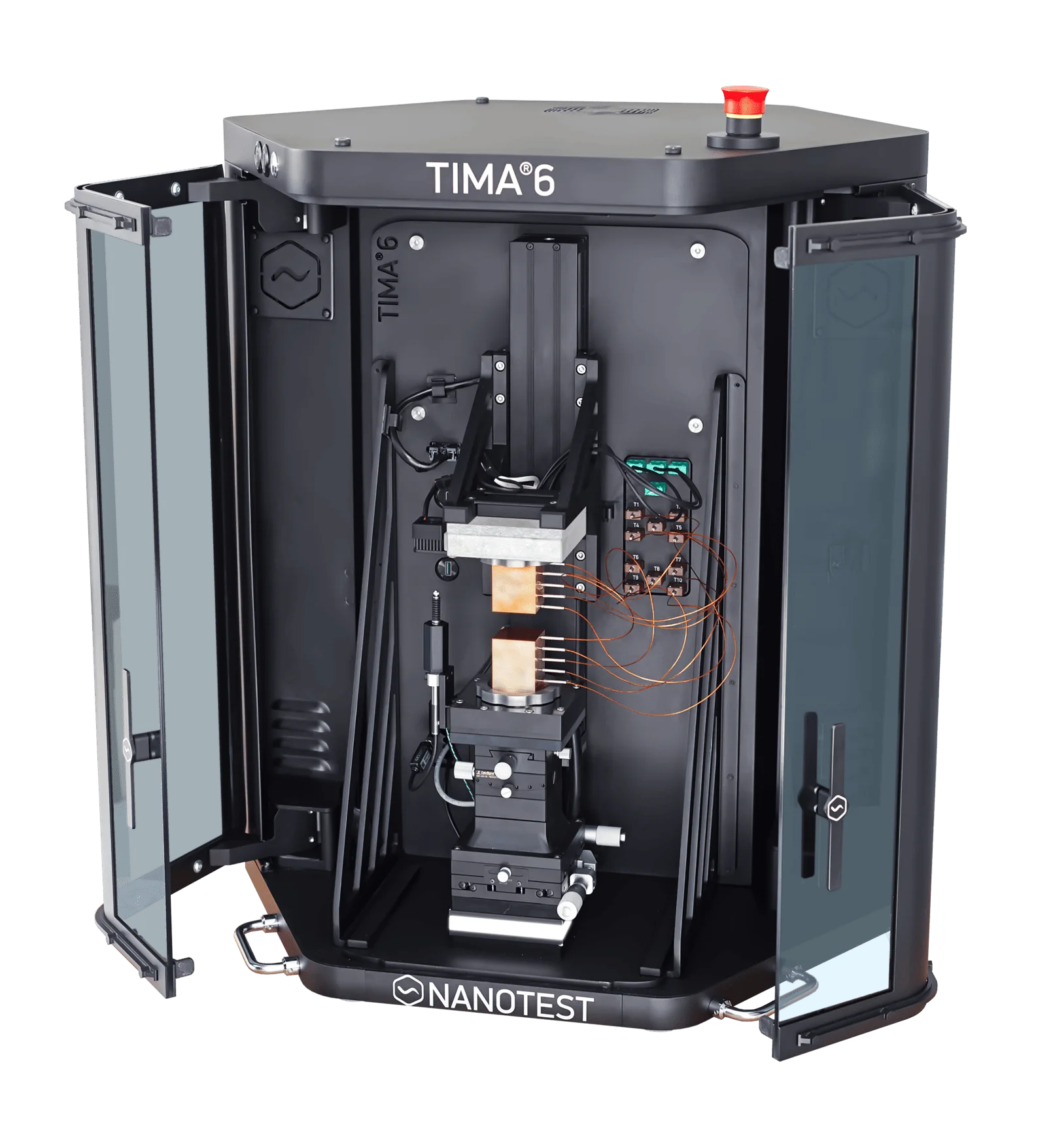 Open black NANOTEST TIMA 6 device with visible internal complex testing components and wiring.