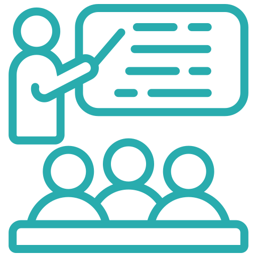 Icon of a person pointing to a presentation board with three people seated watching.