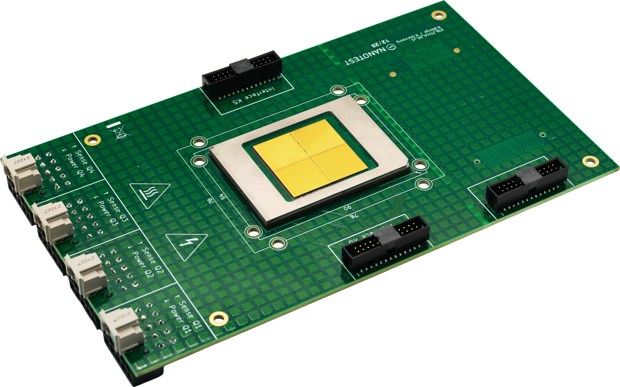 Green circuit board with a central chip having four yellow segments and multiple connectors.
