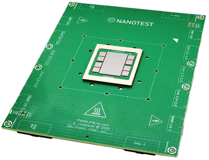 Green Nanotest circuit board with a central chip and multiple labeled connection points.