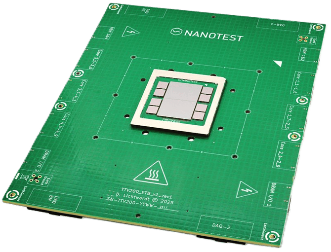Green circuit board labeled NANOTEST with a central rectangular chip and multiple connectors around edges.