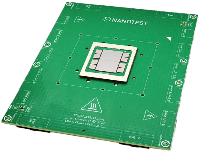Green circuit board labeled NANOTEST with a central rectangular chip and multiple connectors around edges.