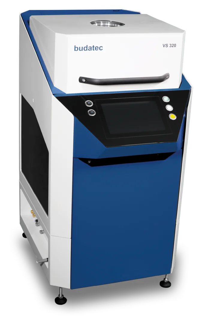 Budatec VS 320 industrial machine with control panel and screen on blue and white body.