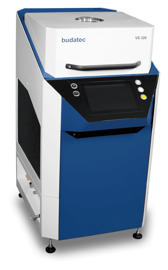 Budatec VS 320 industrial machine with a touchscreen and buttons on a blue and white body.
