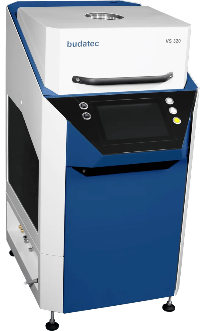 Budatec VS 320 industrial machine with a touchscreen and buttons on a blue and white body.