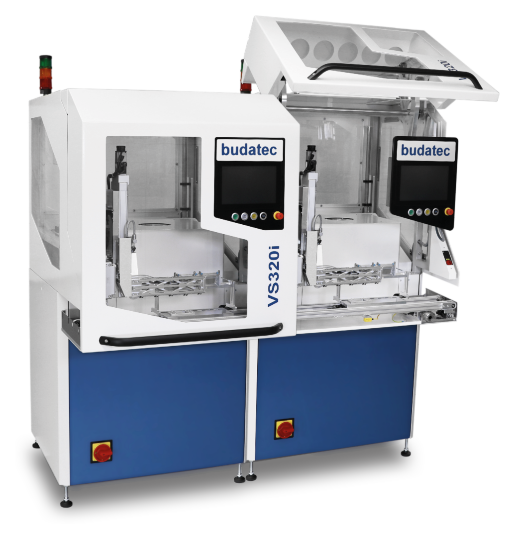 Budatec VS 320i inline vacuum soldering system with two workstations, control panels and safety covers.