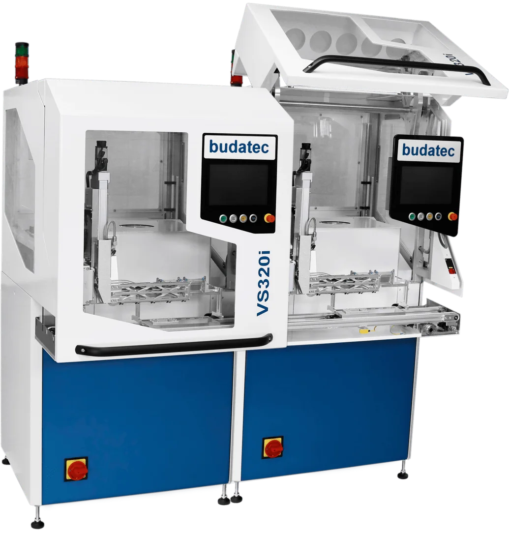 Budatec VS 320i inline vacuum soldering system with two workstations, control panels and safety covers.